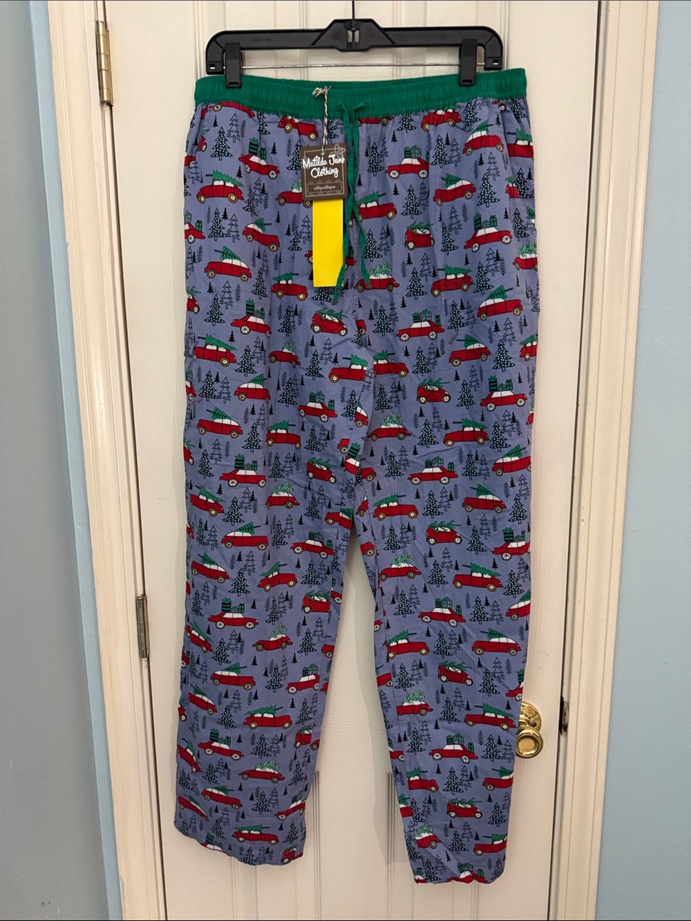 Matilda Jane Blue Pajama Pants with Red Car Print and Green Waistband
